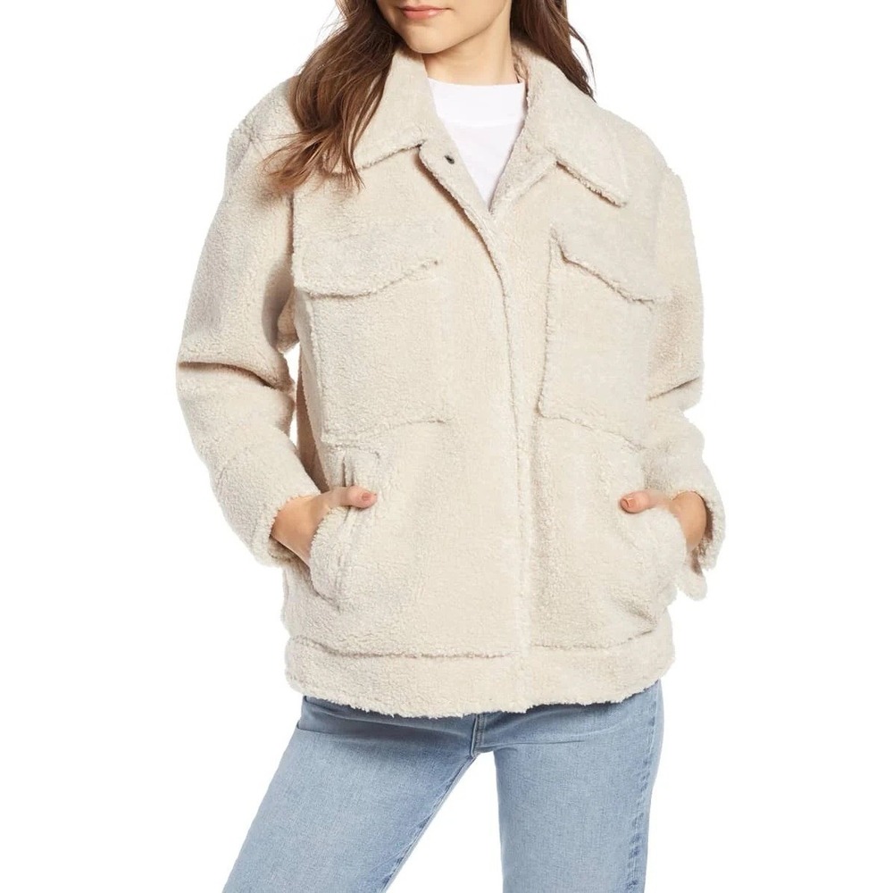 Something Navy Cream Oversized Faux Shearling Sherpa Teddy Coat Women's Size S
